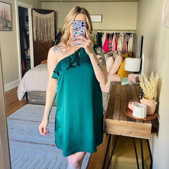 NEW Ann Taylor Green Satin Polka Dot One Shoulder Mini Dress - Picture 7 of 8